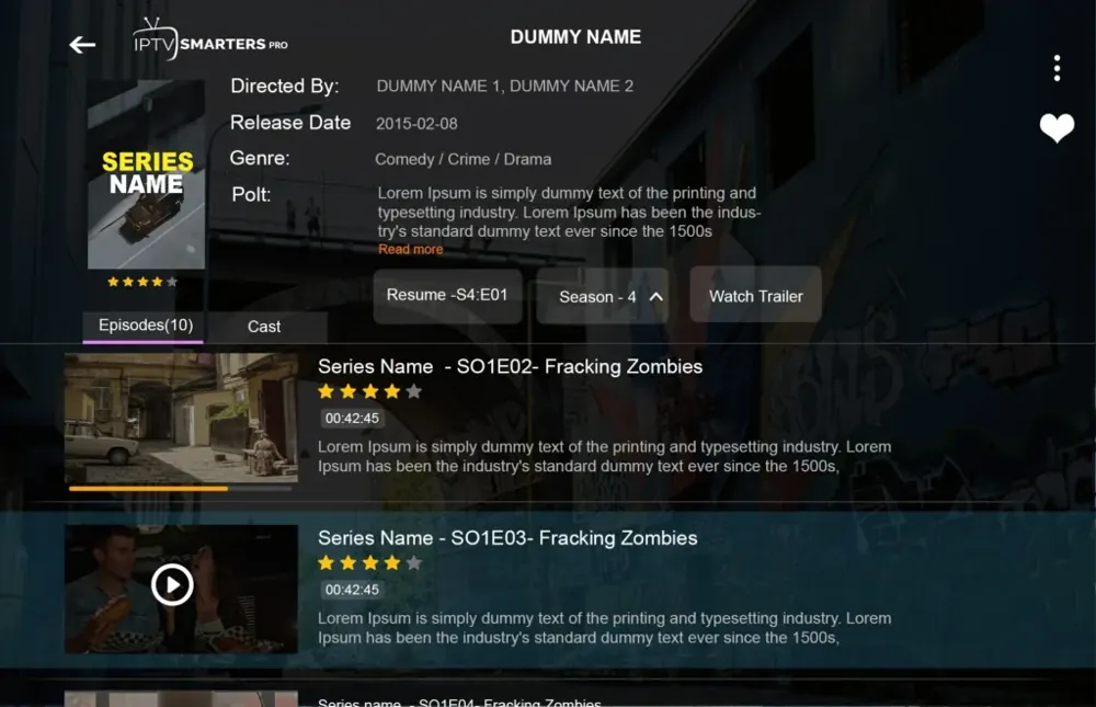 IPTV player series information screen