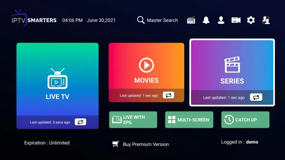 Illustrative IPTV player home screen with navigation tiles