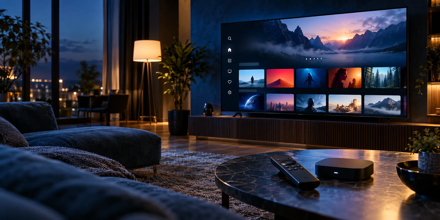 An evening living room with a television displaying an illustrative streaming catalogue