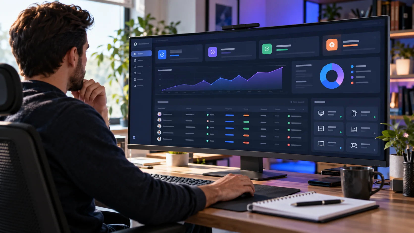 Home office monitor showing an illustrative reseller account dashboard and balance chart